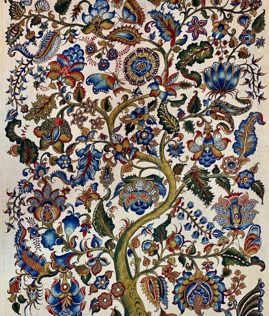 Cotton cloths painted with elegant tree of life motifs by Niranjan Jonnalagadda
